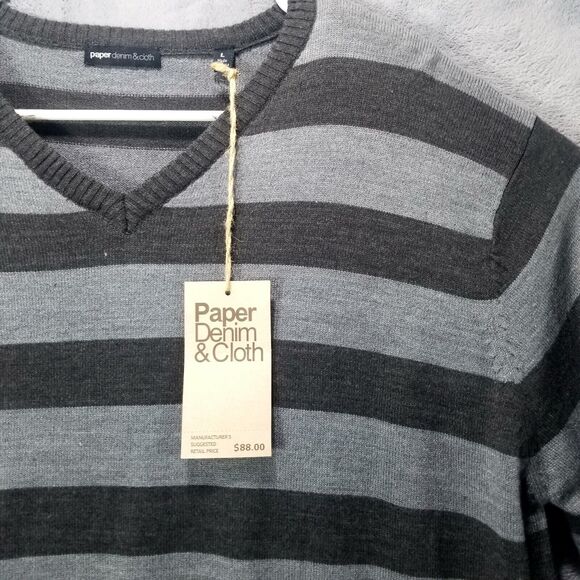 Paper Denim Cloth Black & Gray Striped V Neck Shirt Sweater Mens Sz L Pullover - Picture 6 of 10